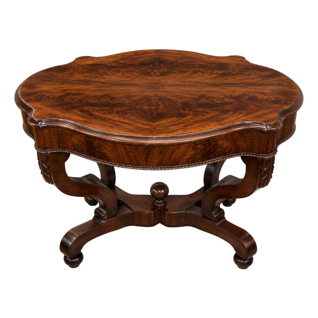 Restored Burled Wood Oval Center Table With Bookmatched Top & Scrolled Pedestal Base For Sale