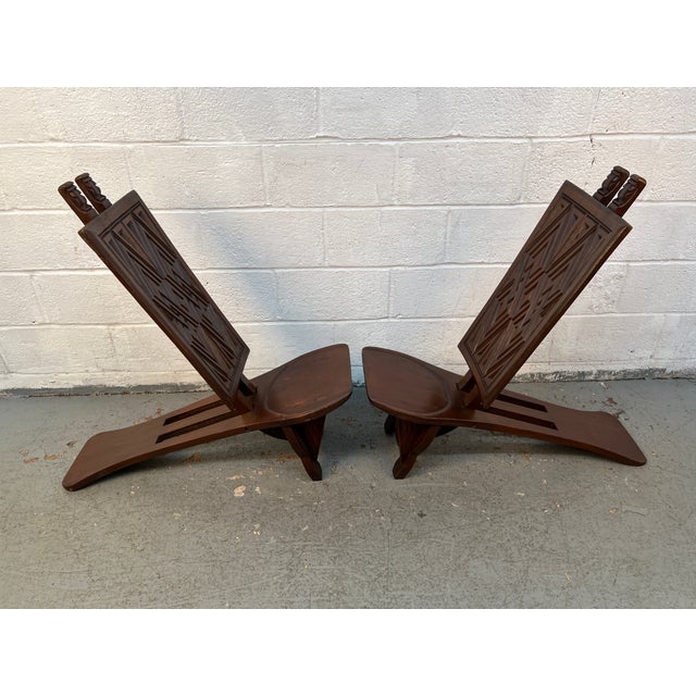 Mid 20th Century Pair of Geometric Carved Low Slung Tribal Palaver Chief Chairs For Sale - Image 11 of 13