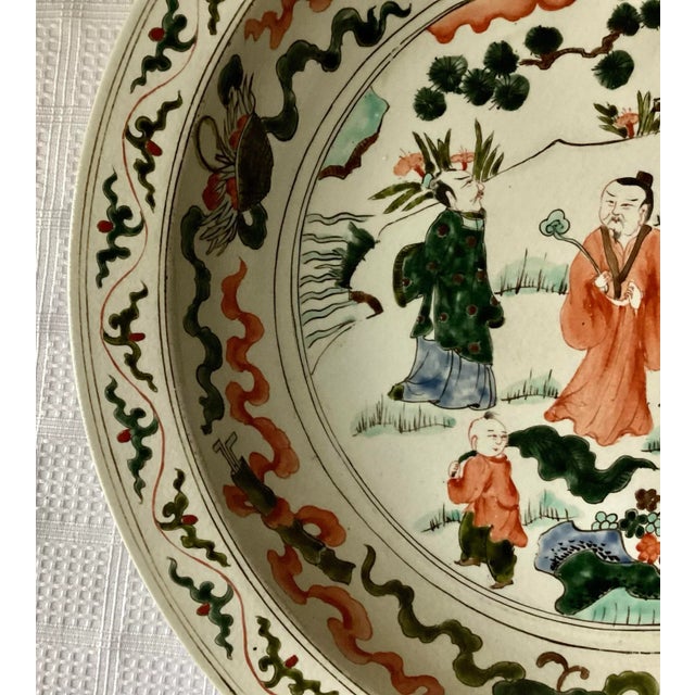 Green Antique Chinese Wucai Porcelain Bowl – Large 15” Diameter, Hand-Painted Figures & Floral Border For Sale - Image 8 of 11