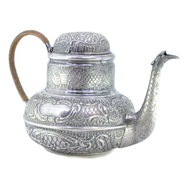 Silver Round Kettle with Reliefs on Monogram Cards with Hinged Lid and Coated Handle For Sale