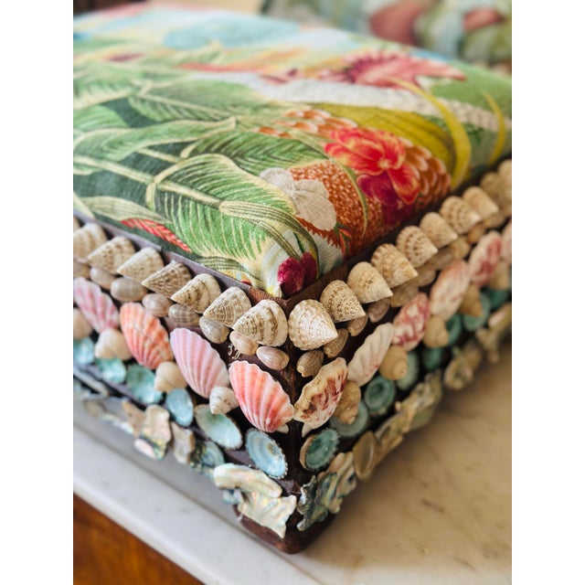 Coastal Antique Footstool Covered in Shells, Reupholstered in Designer Velvet For Sale - Image 3 of 11