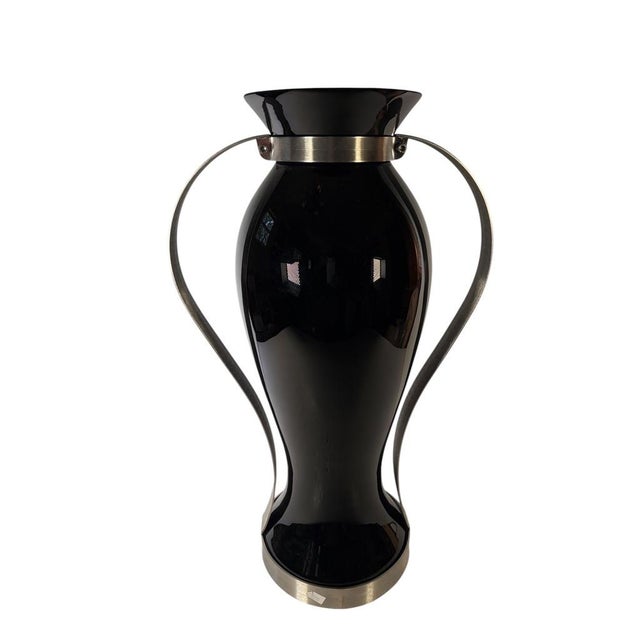 Italian Black Glass and Stainless Steel Vases - A Pair For Sale In Dallas - Image 6 of 8
