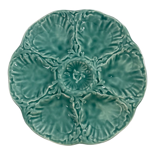 1940s French Gien Turquoise Majolica Oyster Plate For Sale