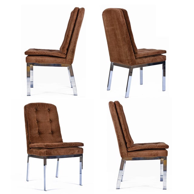 1970s Mid-Century Modern High Back Parsons Chairs in Chrome & Velvet For Sale - Image 6 of 12