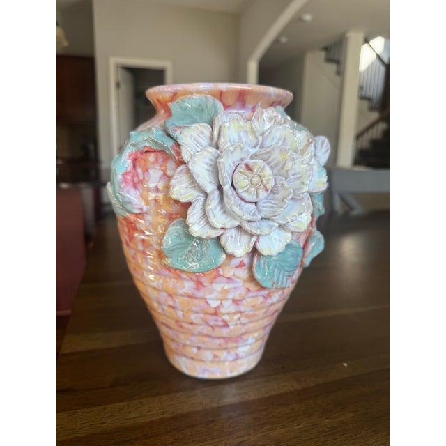 Folk Art Vintage Bát Tràng Sculptural Ceramic Vase With 3d Floral Applique For Sale - Image 3 of 6