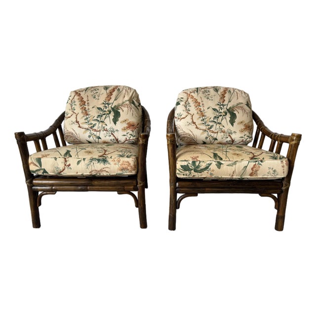 Elinor McGuire Organic Rattan and Leather Lounge Chairs - A Pair/Sold For Sale