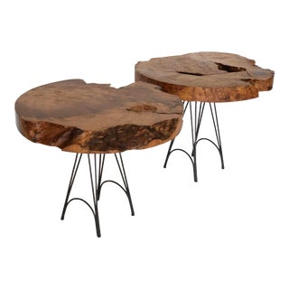 Vintage Live Edge Redwood Burl and Iron Side Tables, Pair For Sale