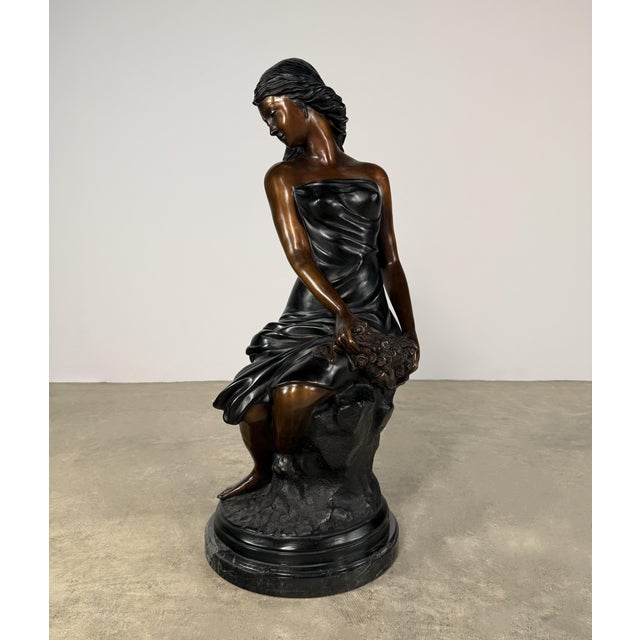 Large Classical Bronze Sculpture of Seated Woman With Flowers - 32” H For Sale In Dallas - Image 6 of 11