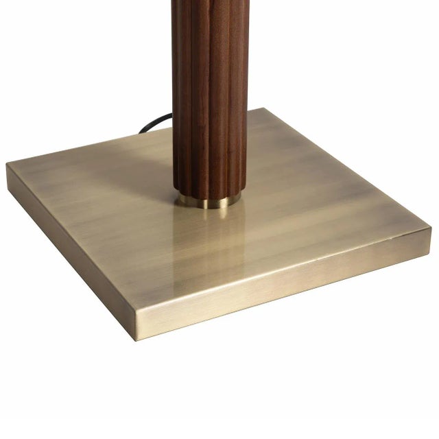 Tambo Torchiere Floor Lamp - Dark Walnut Wood Finish, Weathered Brass, Dimmer For Sale - Image 6 of 12