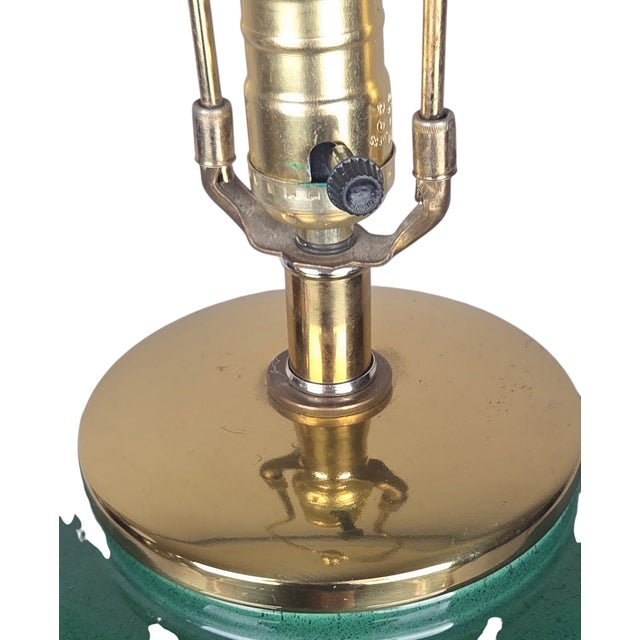 1980s Hollywood Regency Style Emerald Green Ceramic Table Lamp on Brass Ball-and-Claw Base For Sale - Image 10 of 18