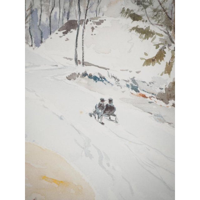 René Leverd, Sledding at Sunset in Lagnau, Watercolor For Sale - Image 5 of 8