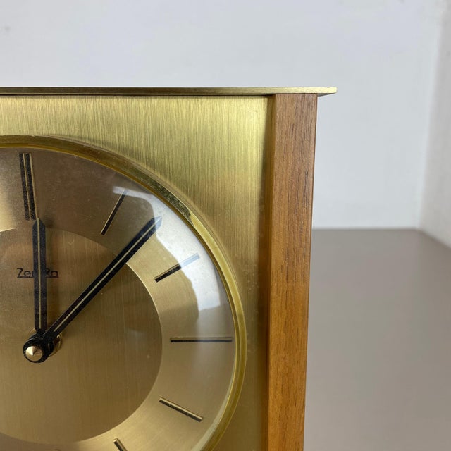 Gold Modernist Teak and Brass Wall or Table Clock from Zentra, Germany, 1960s For Sale - Image 8 of 15