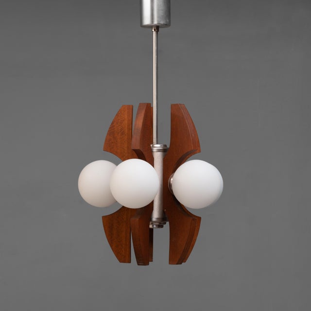 Mid-Century Chandelier by Elektrofem in teak with 5 opaline globe shades. Hungary circa 1970. Up to 250V (Europe/UK...