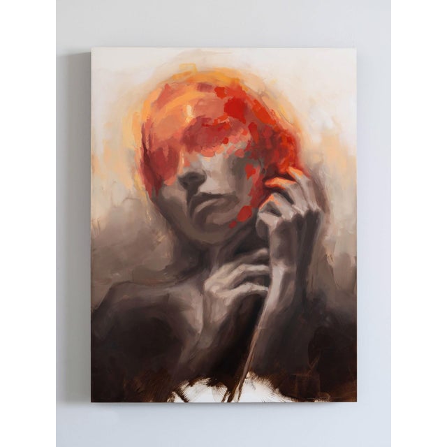 The artwork "Awaken" features a figure enveloped in warm hues of orange and muted earth tones, creating a sense of...