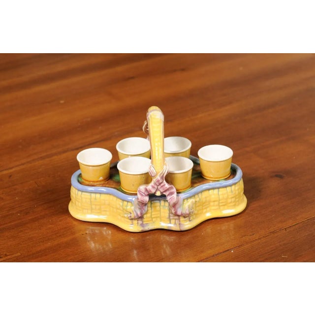 Mid 19th Century French 19th Century Majolica Porcelain Yellow Glazed Basket with Egg Cups Set- 7 Pieces For Sale - Image 5 of 13