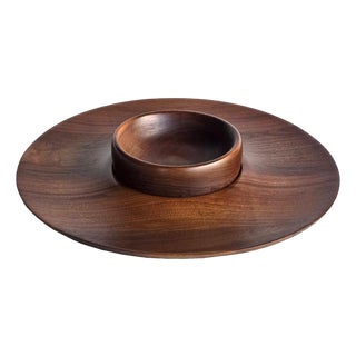Mid 20th Century Hand Turned Black Walnut Wood Chip and Dip Set, 2 Pieces For Sale