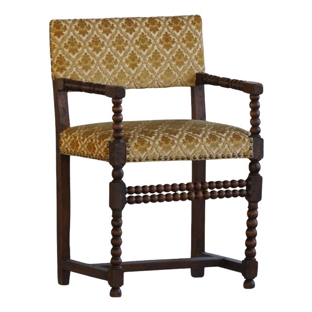 French Louis XIII Style Bobbin Armchair with Patterned Fabric, 1930s For Sale