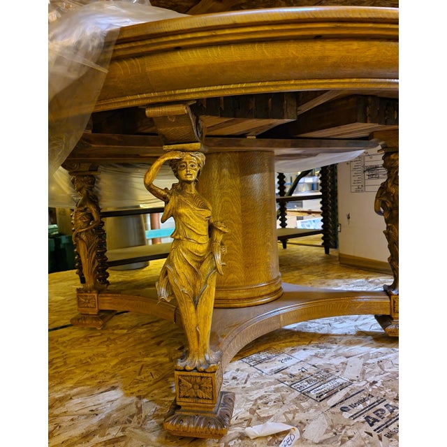 1876 Dining Table "Lady Liberty", Hand Carved Quarter Sawn Oak With 12 Leaves For Sale - Image 4 of 8