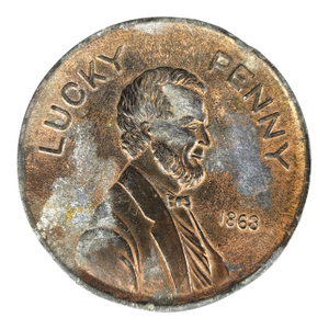 Antique 1863 Large Metal Lucky Penny Coin Lincoln Bust and Jenny Wade House Gettysburg Paper Weight
