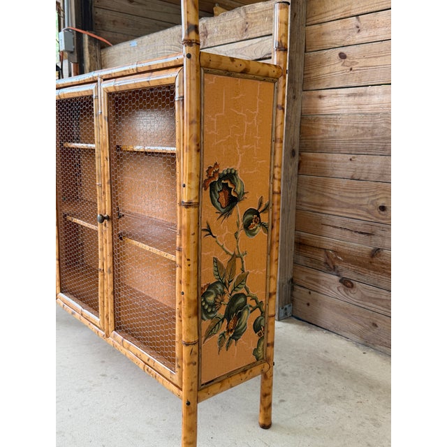 Vintage Tortoise Bamboo Chicken Wire Sideboard Cabinet With Decoupaged Appliqué Panels For Sale In Naples, FL - Image 6 of 12