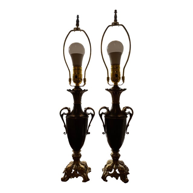 Vintage Neoclassical Patinated Gilt Bronze/Brass Urn Style Lamps For Sale