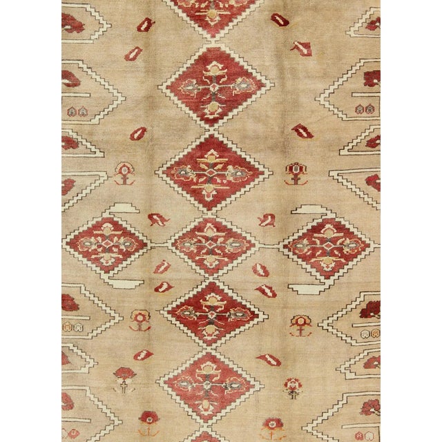 Tribal Vintage Turkish Oushak Rug With Bold Diamond Medallions in Red and Beige For Sale - Image 3 of 9