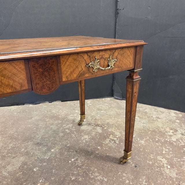 Brown Mid 19th Century Regency Walnut & Rosewood Inlaid Table W/2 Drawers, Brass Beading, Ornate Handles, on Square Tapered Legs on Brass Casters For Sale - Image 8 of 15