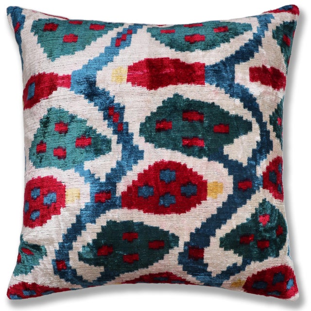 Multicolor Ikat Silk Velvet Pillow 20x20 | Handmade Luxury Designer Cushion For Sale - Image 4 of 8