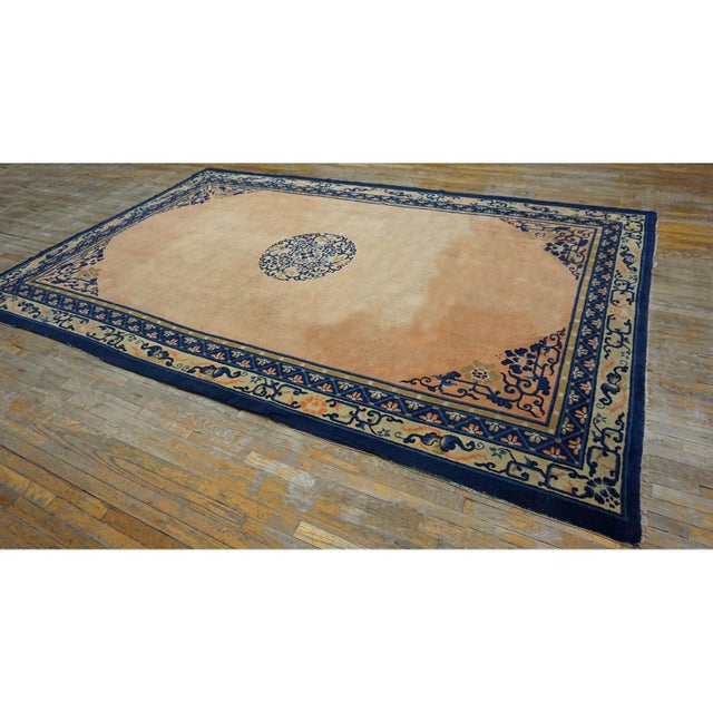 Textile Floral Medallion 1920s Hand Knotted Salmon Field Antique Chinese Peking Rug For Sale - Image 7 of 7
