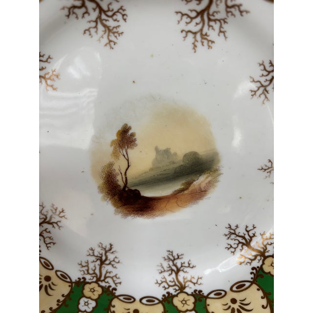 Antique Green & Gilt Porcelain Plates Scenic Victorian C 1900 Gold Scalloped - Set of 10 For Sale In New York - Image 6 of 12