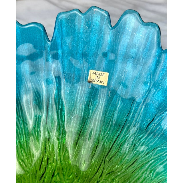 Glass Vintage 14" Blue & Green Spain Art Glass Centerpiece Bowl For Sale - Image 7 of 8