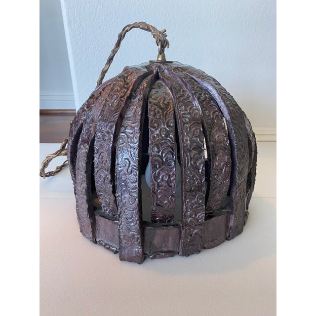 Mid-Century Modern 1970s Handcrafted Brutalist Ceramic Pendant Light With Leather Cord For Sale - Image 3 of 12