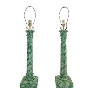 Vintage Green Hand-Painted Faux Marble Table Lamps, Pair For Sale