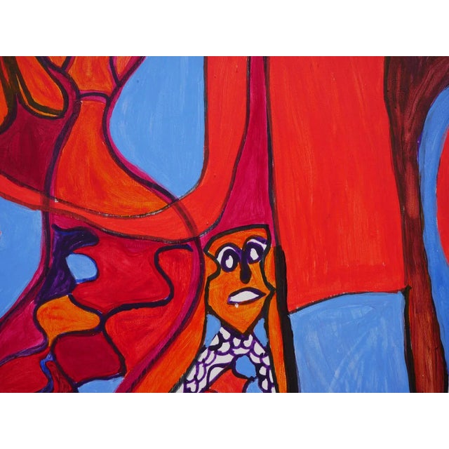 Late 20th Century Late 20th Century Red & Blue Abstract Figurative Painting With Four Figures and Botanical Elements By For Sale - Image 11 of 13