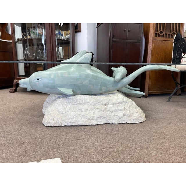 Vintage Sculptural Glass Top Coffee Table, Three Dolphins, Marine Life, Exposed Top Fins, Textured Edge Glass For Sale In New York - Image 6 of 11