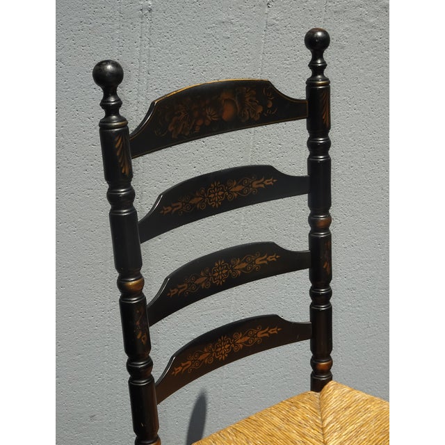 Wood Chair Vintage L. Hitchcock French Country Black Ladder Back Rush Chair Stenciled For Sale - Image 7 of 17