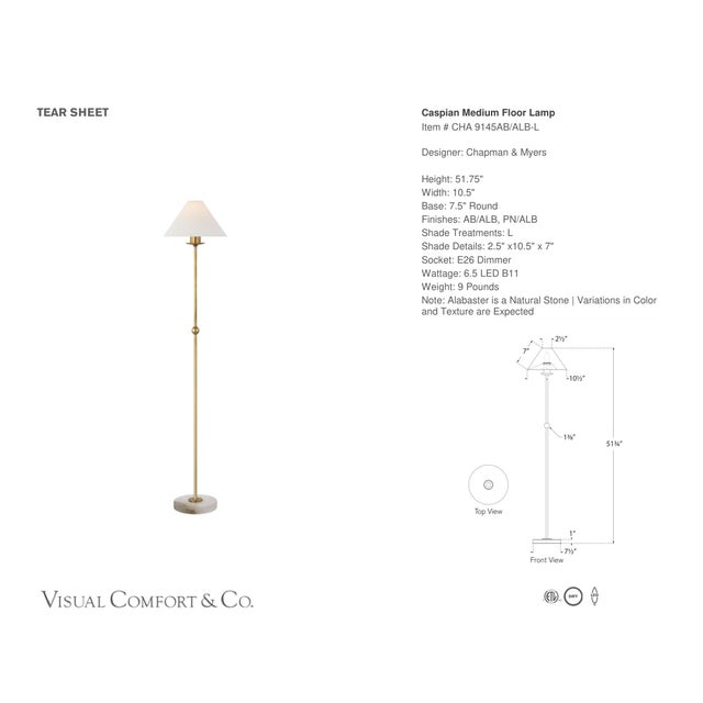 Chapman & Myers by Visual Comfort Signature Caspian Medium Floor Lamp in Antique-Burnished Brass and Alabaster with Linen...