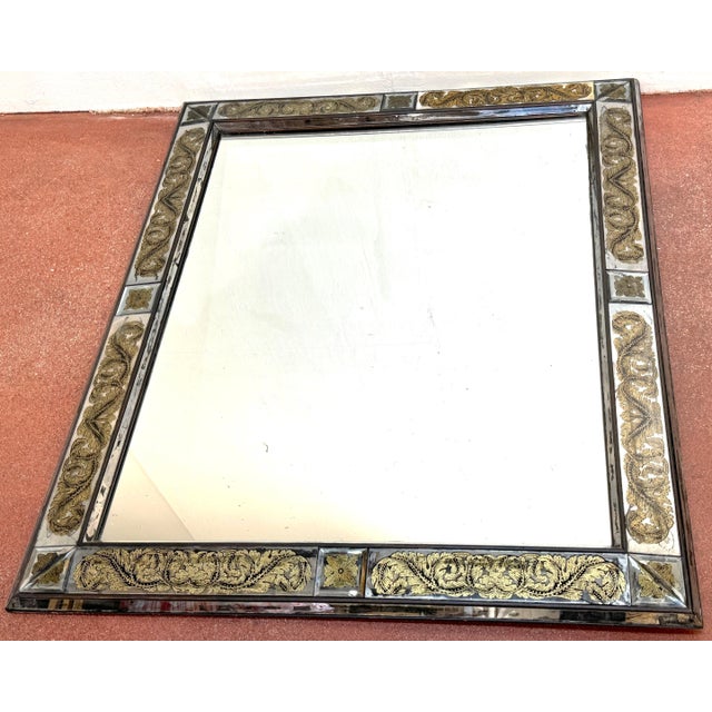 Modern Maison Jansen (Atrib.) Eglomise Gilt Neoclassical Floral Trellis Jeweled Mirror For Sale - Image 3 of 18