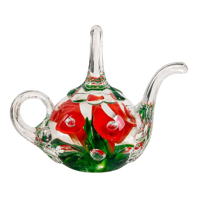 Joe St Clair Art Glass Mini Teapot Red Floral Controlled Bubble For Sale