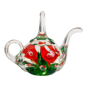 Joe St Clair Art Glass Mini Teapot Red Floral Controlled Bubble