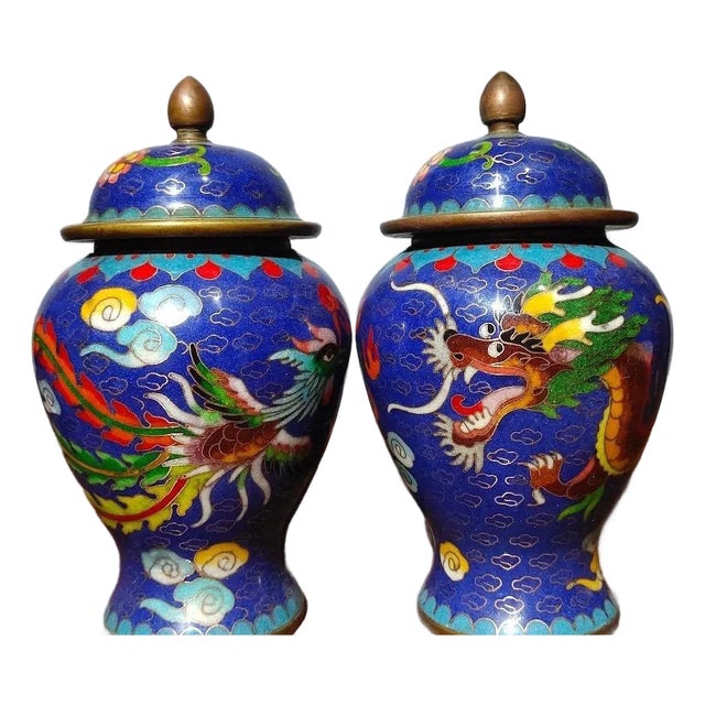 Vintage Pair of Chinese Blue Cloisonné Enamel "Dragon & Phoenix" Covered Jars With "Xuan" Mark For Sale