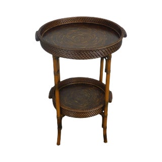 Faux Bamboo Metal & Rattan Round 2 Tier Tray Table For Sale