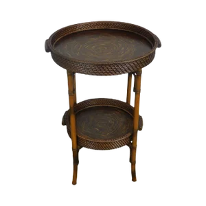 Faux Bamboo Metal & Rattan Round 2 Tier Tray Table