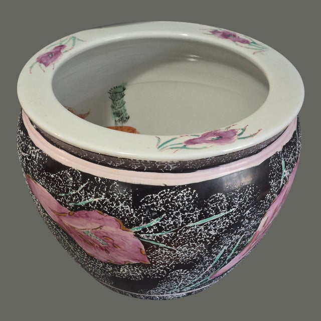 Vintage Asian Floral Pink Calla Lily Koi Fish Large Planter For Sale - Image 4 of 9