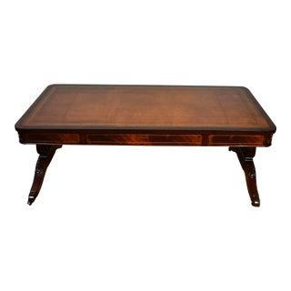 1930s English Regency Mahogany Inlaid & Leather Top Coffee Table For Sale