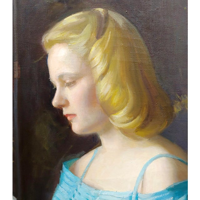 Textile Marguerite Stuber Pearson -Woman in Blue Arranging Her White Roses-Oil Painting For Sale - Image 7 of 12