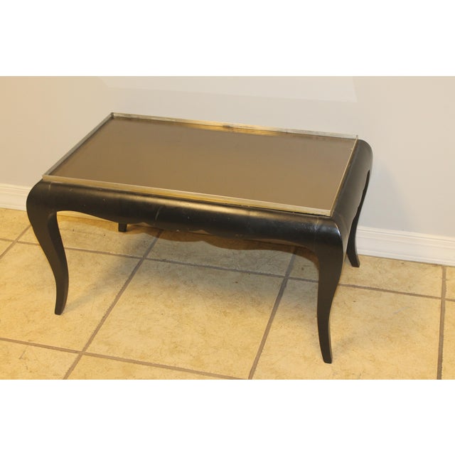 1940's French Art Deco Ebonized Carved Wood With Bronze Toned Mirrored Top Occasional/ Accent/ Side Table For Sale - Image 4 of 6