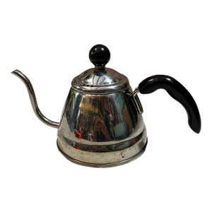 1970s Small Silver Stainless Steel Tea Kettle With Black Handles