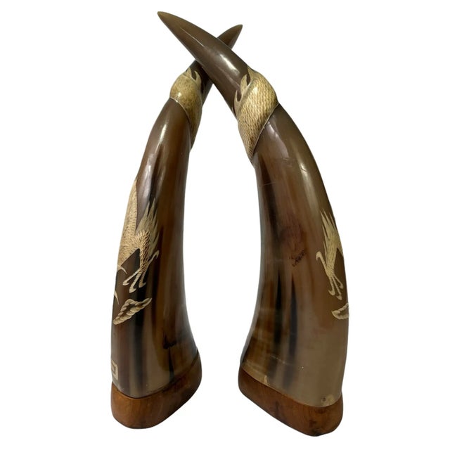 Add an eccentric touch to your decor with these unique and beautifully hand-carved water buffalo horns with dragon motifs...