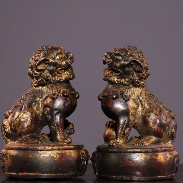 Pair Antique Chinese Gilt Bronze Foo Dog Guardian Lion Statues, Decorative Scholar’s Table Figurines For Sale - Image 9 of 9